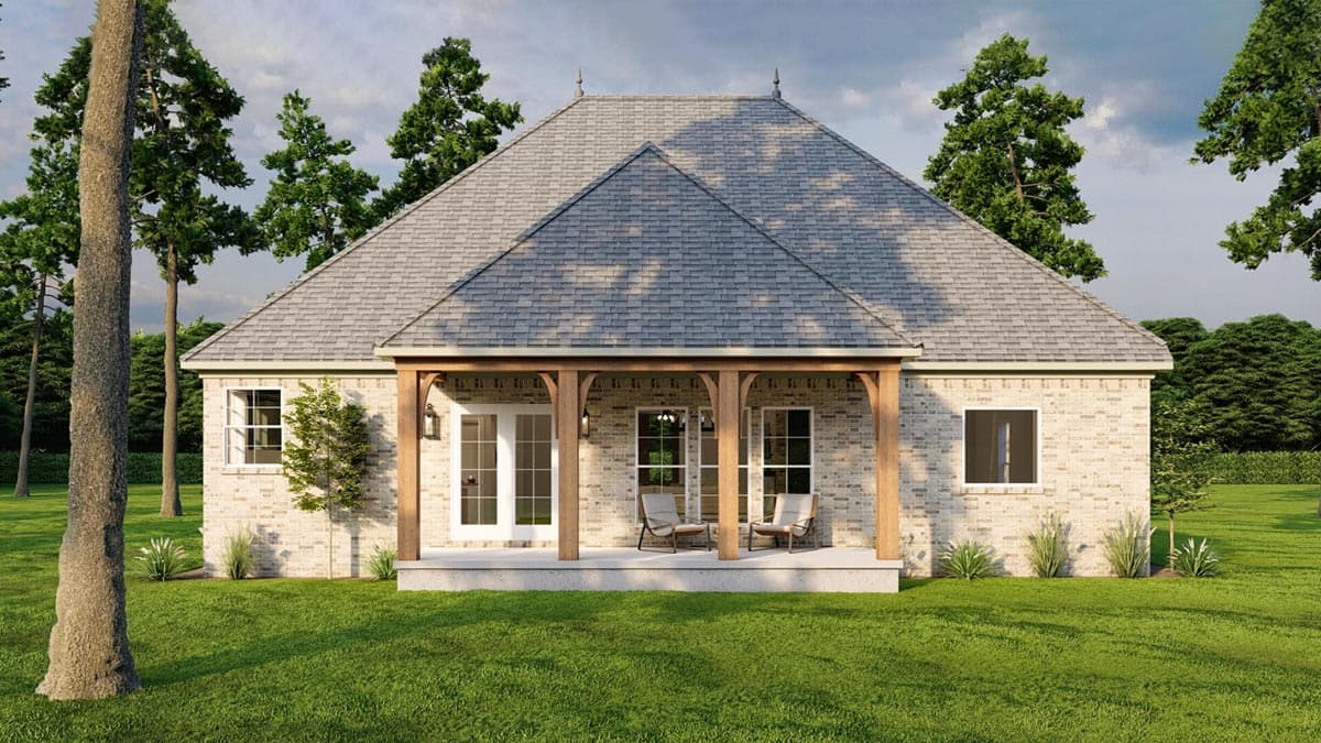 House plan exterior: Single-story brick house with covered porch, visible gables, and central roof peak.