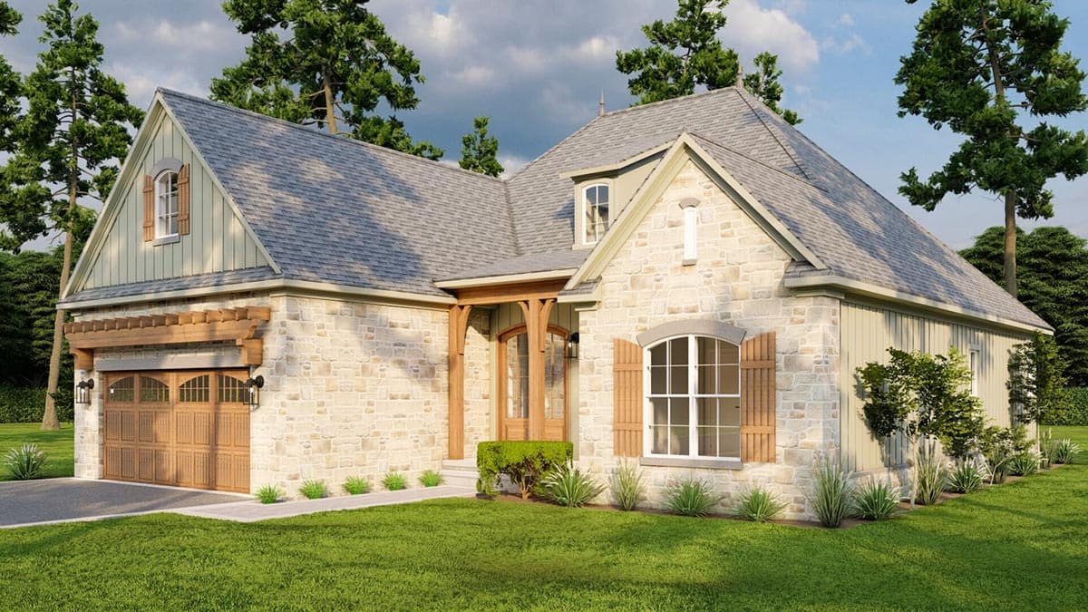 House plan exterior shows a 1.5-story home with stone and vertical siding, gable dormer, and arched windows.