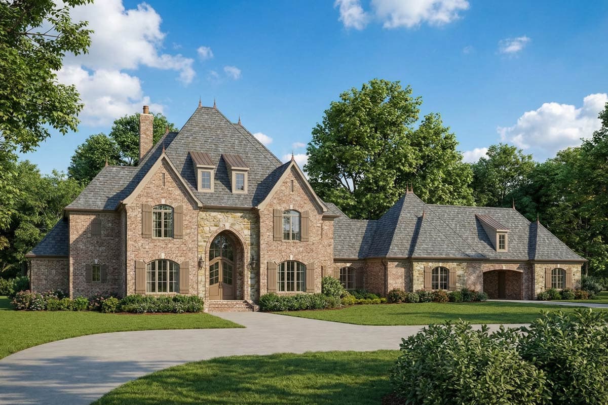 A large, luxury home with a brick exterior, stone accents, and a winding driveway. Lush landscaping surrounds the house under a blue sky.