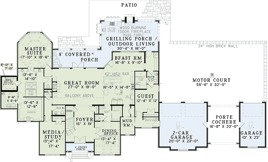 Plan 60592ND: Estate Home Plan with Motorcourt - 4384 Sq Ft - Floor Plan - Main Level - European, Traditional