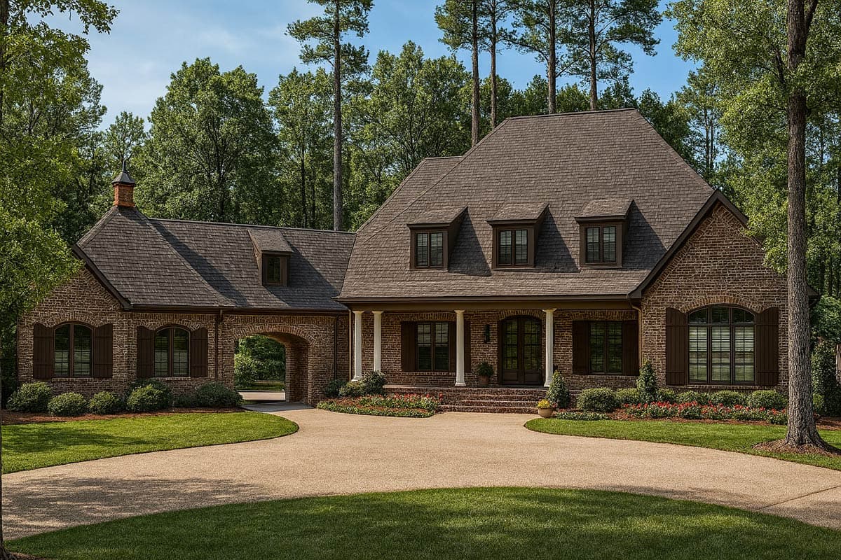 House plan exterior. Two-story brick home with gabled roof, dormers, and front porch. Includes a porte-cochere with arched opening and arched windows.