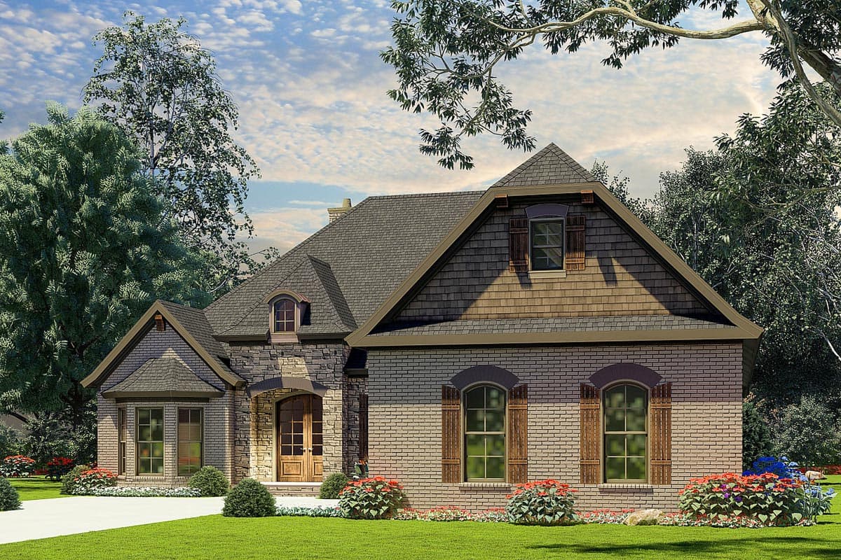 House plan exterior: Two-story home with stone accents, arched windows, dormers, and shingle-sided gables.