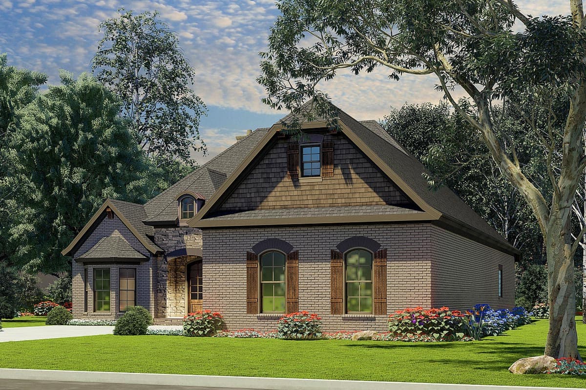 House plan exterior of a two-story home with brick facade, stone accents, gable dormers, and arched windows.