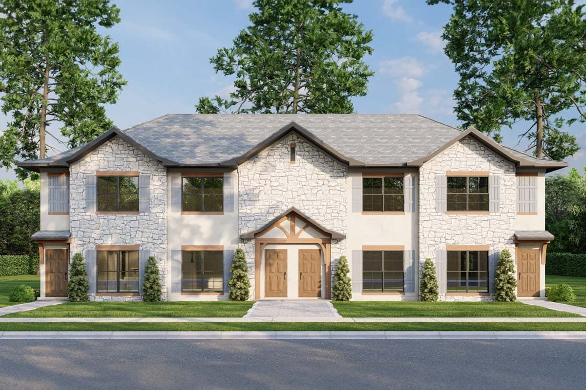 House plan exterior: two-story residence with stone and stucco facade, prominent gables, and double front doors.