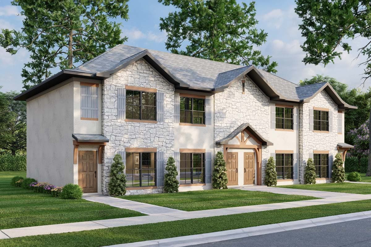 House plan exterior rendering of a two-story home with stone and stucco facade, multiple gables, and wood-paneled garage doors.