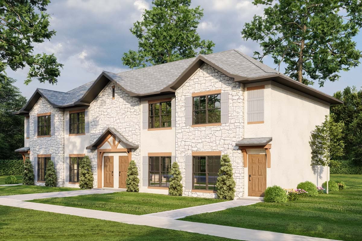 House plan exterior: two-story home with stone facade, dual entry doors, gable dormers, and varied rooflines.