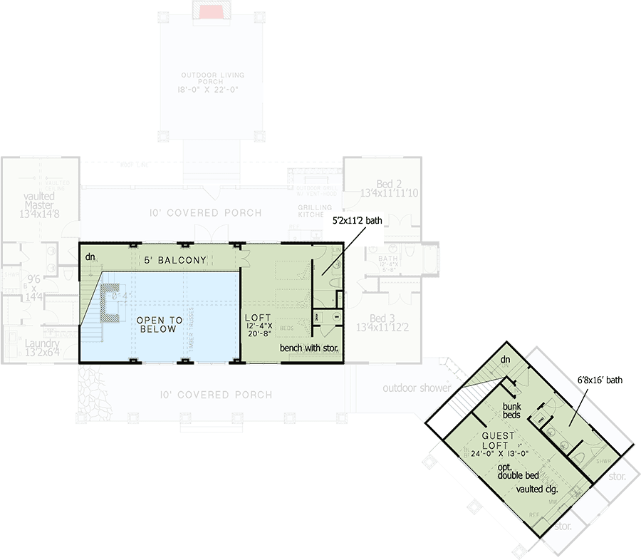 Plan 60597ND: Shingle-style Home Plan With Guest Loft and Angled Garage with  - Floor Plan - 2nd Floor - Cabin, Country, Craftsman, Farmhouse, Modern Farmhouse, Northwest, Rustic, Shingle