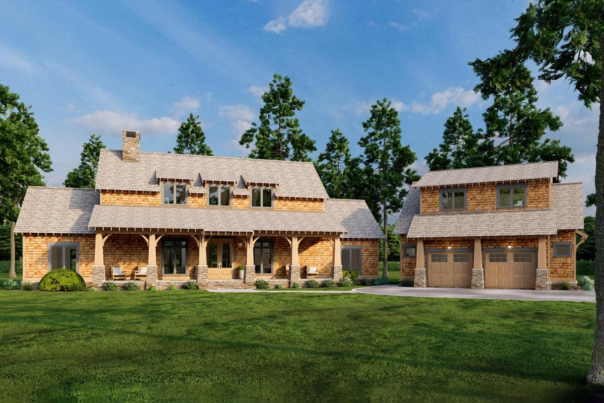 House plan exterior with Craftsman style, two stories, front porch with columns, gables, and attached garage with matching facade and roofline.