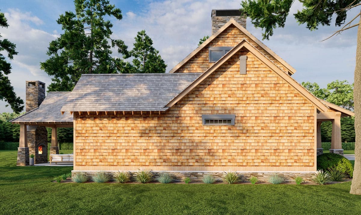 House plan exterior: Two-story Modern Farmhouse with cedar shake siding, stone chimney, dormer, and covered porch.