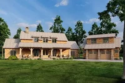 Shingle-style Home Plan With Guest Loft and Angled Garage with 