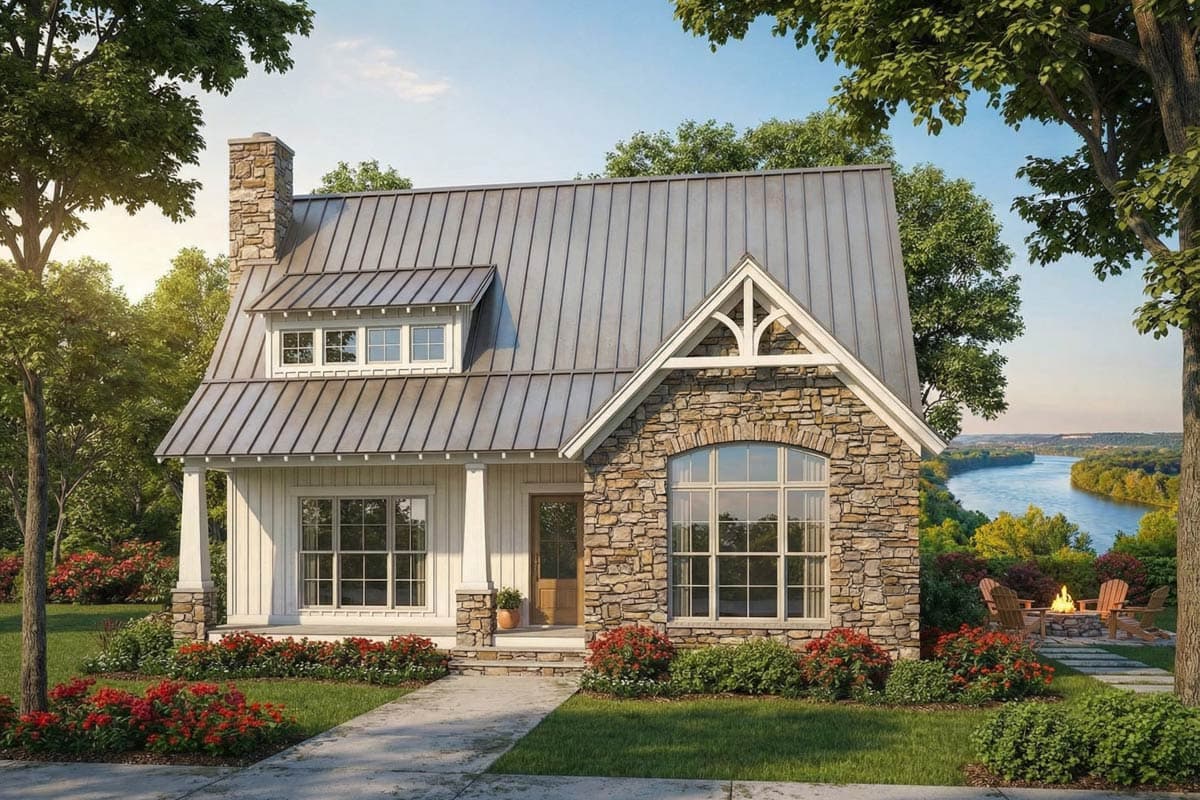 A charming cottage with a stone facade and metal roof sits on a well-manicured lawn. In the background is a river, trees, and a fire pit.