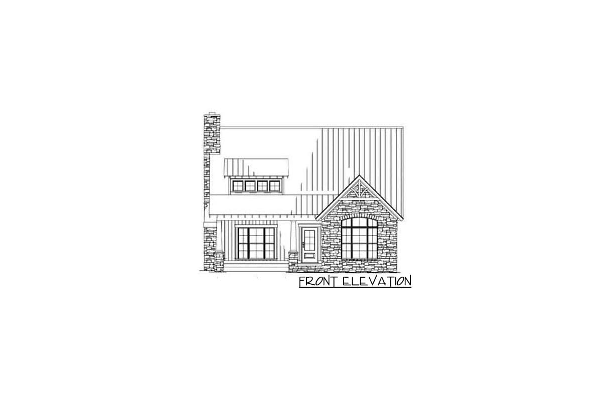 Front elevation house plan showing stone accents, gables, dormers, and a metal roof.