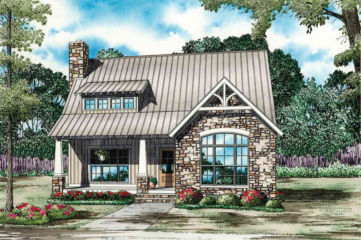 House plan exterior: Stone facade, metal roof, gable dormer with arched window, covered porch with stone columns.
