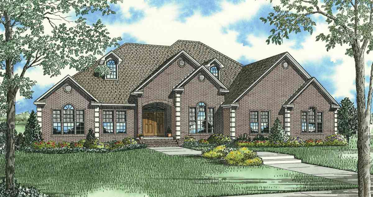 House plan exterior: Brick two-story home with arched entry, multiple gables, dormers, and decorative window accents.