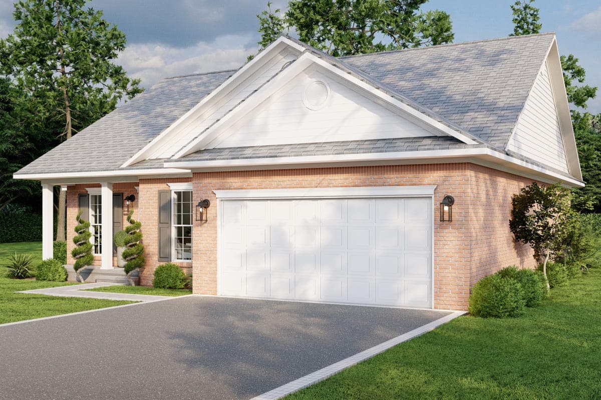 One-story house plan exterior with brick facade, gable roof, front-entry garage, and covered entry porch.