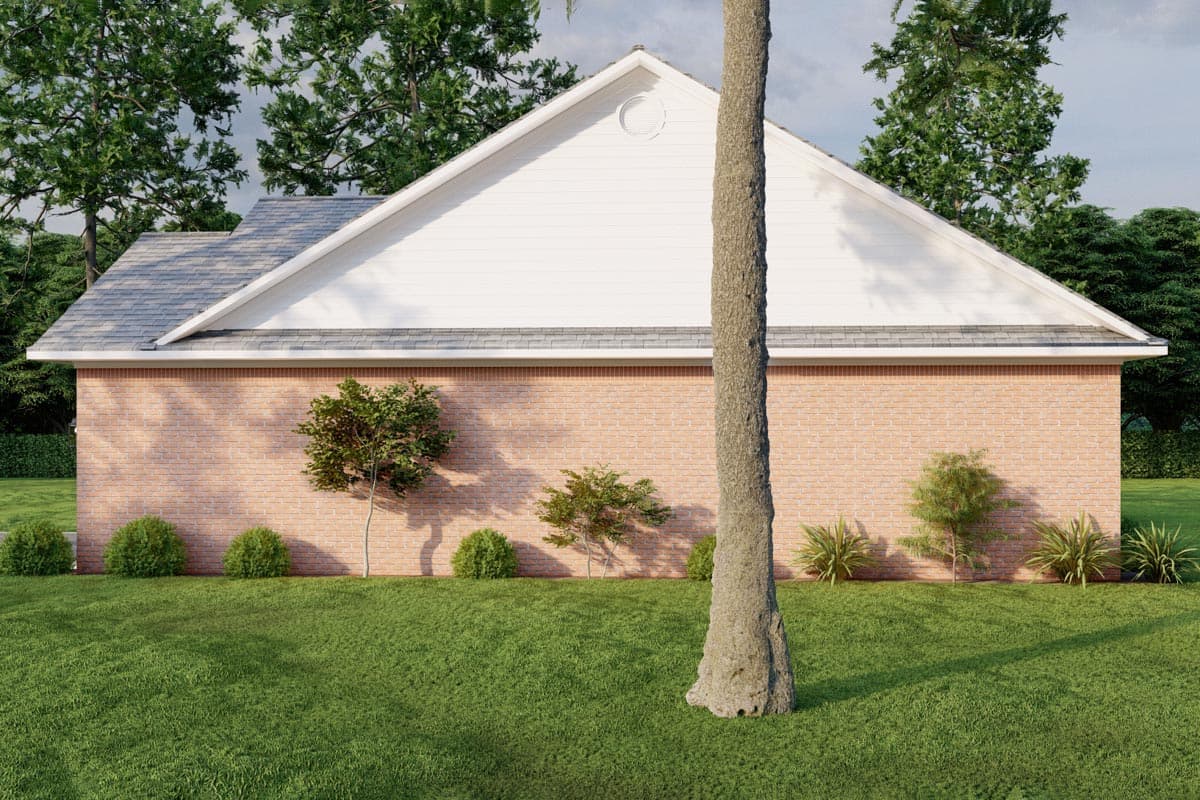 House plan exterior: single-story, brick base, large gable with white siding, and circular vent detail.