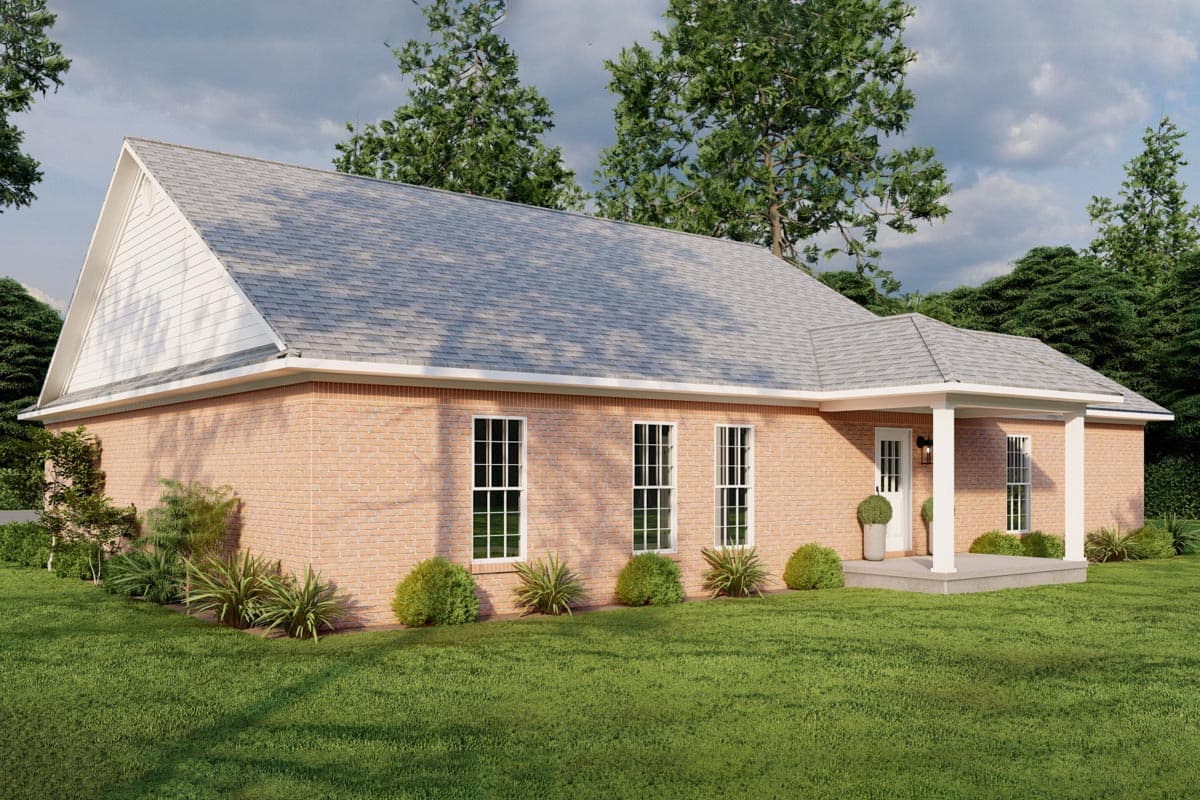 House plan exterior: Single-story brick home with a prominent gable end, front porch with columns, and multiple windows.