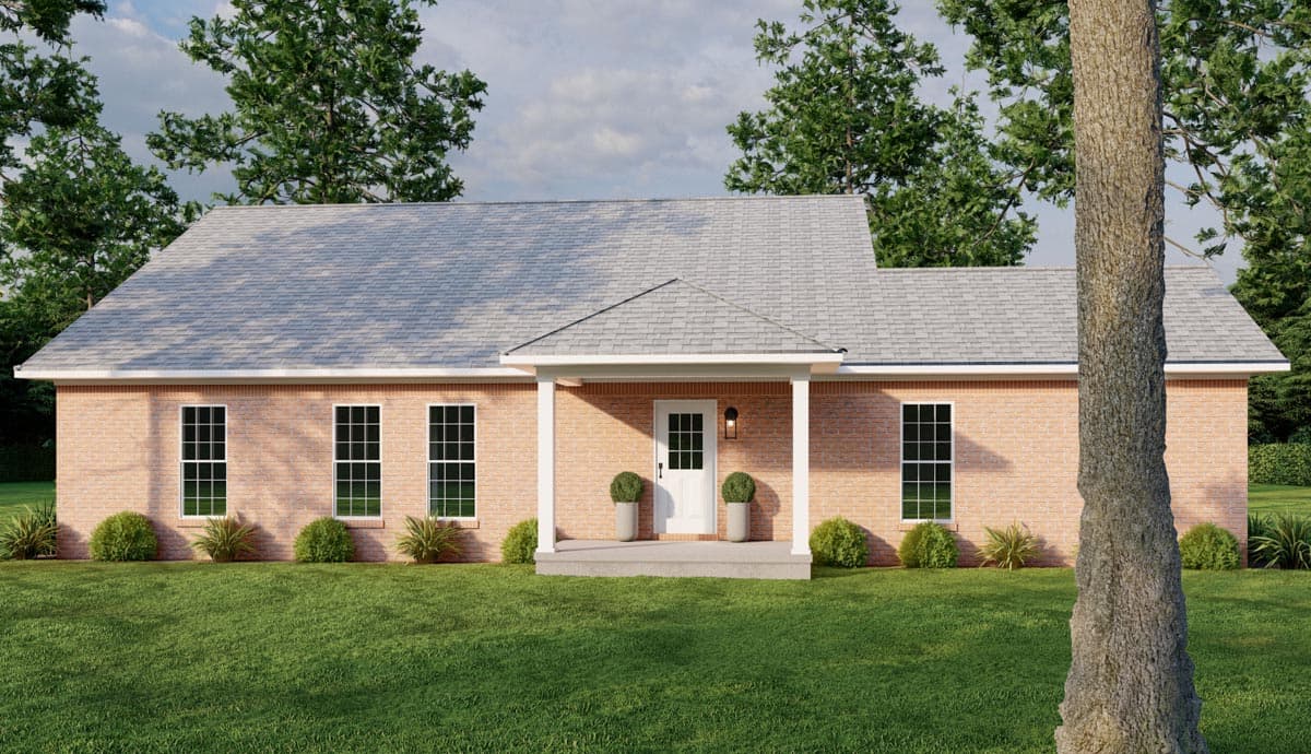 House plan exterior: One-story ranch with brick facade, prominent central gabled portico, and multiple double-hung windows.