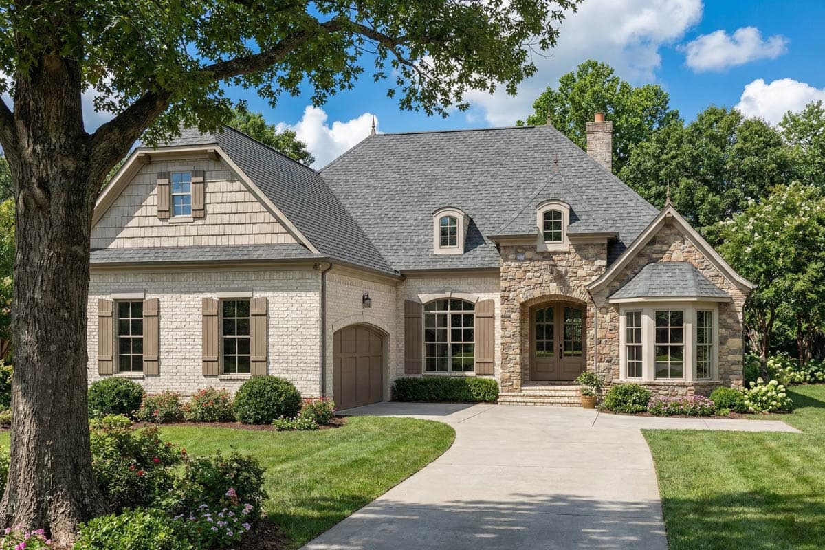 House plan exterior: French Country style, two stories, stone and brick facade, arched entry, dormers, and attached garage.