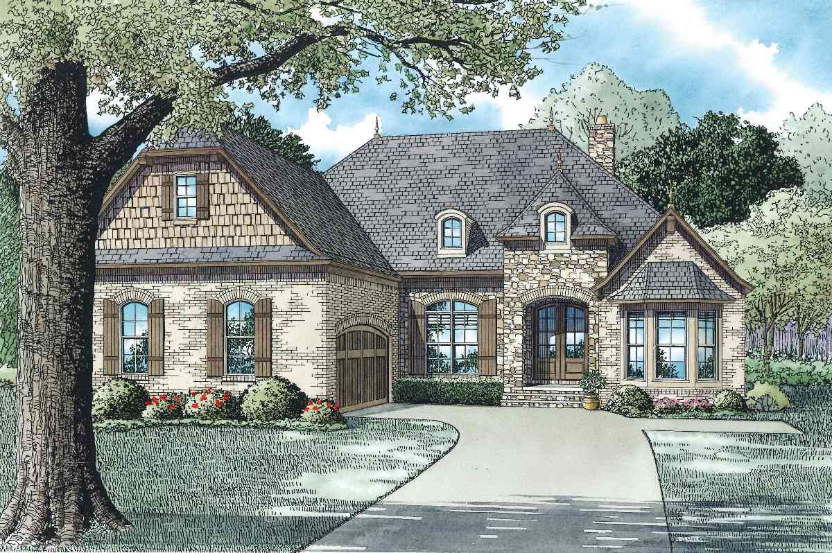 House plan exterior featuring brick and stone facade, arched windows, gabled dormers, and a side-entry garage.