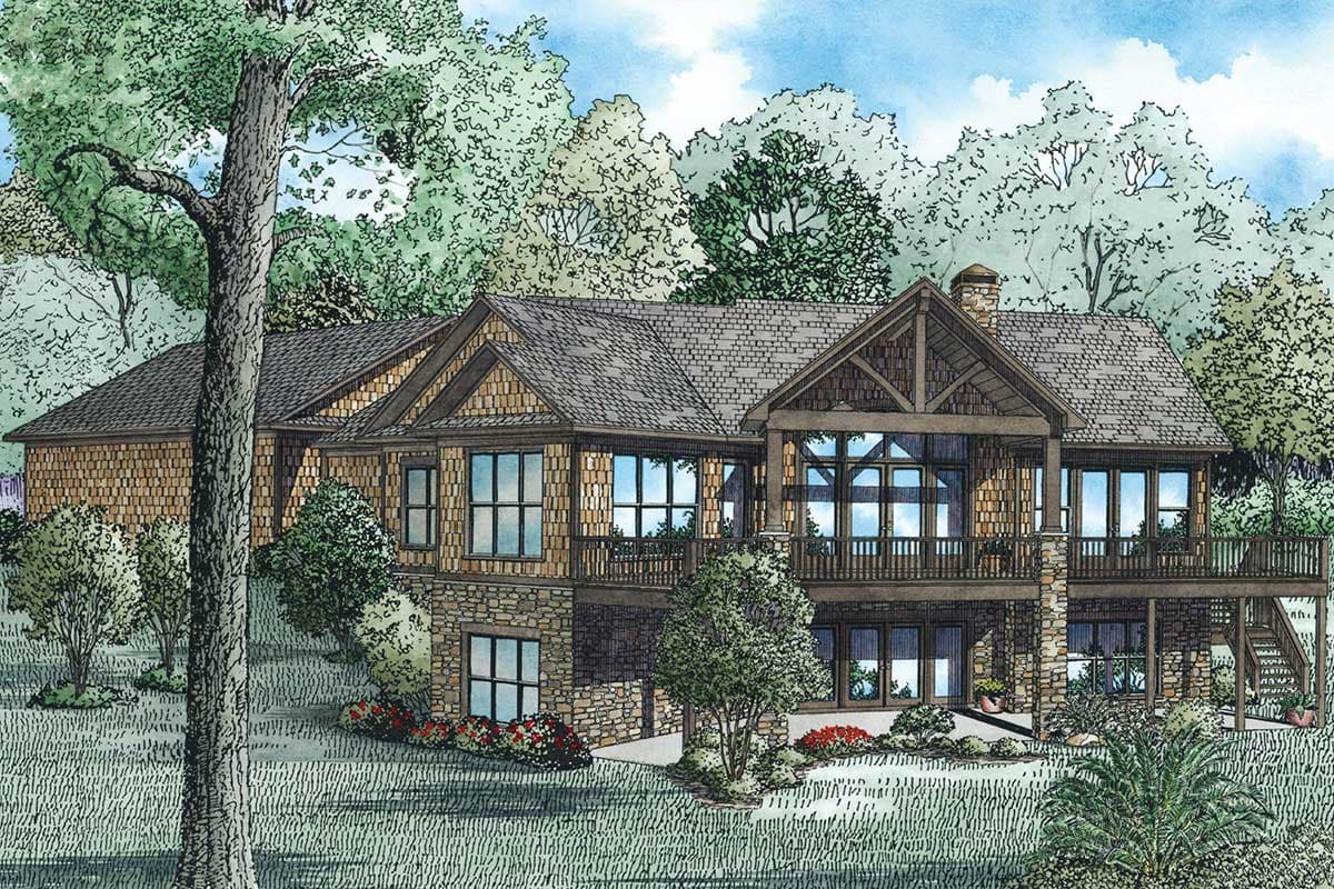 House plan exterior: Craftsman style, two stories, stone base, shingle siding, multiple gables, and a prominent covered porch.