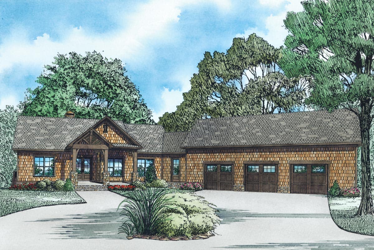 House plan exterior: Ranch-style home with wood shingle siding, covered entry porch, and a three-car garage.