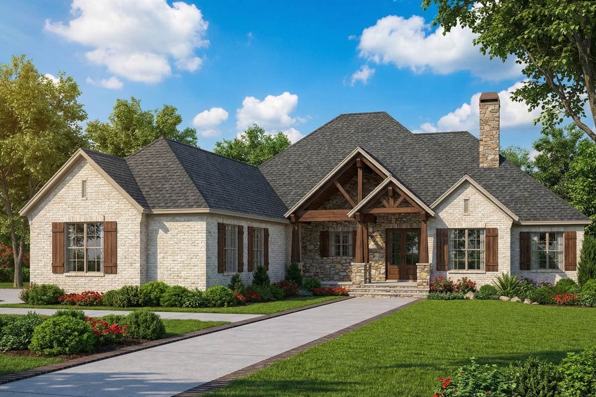 A craftsman-style house with stone accents, a long driveway, and well-maintained landscaping under a bright blue sky.