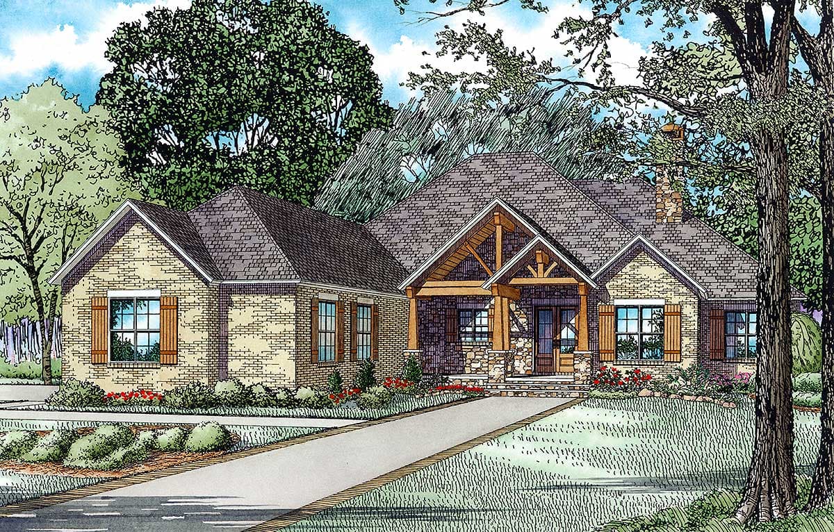 House plan exterior: One-story Craftsman style with brick facade, exposed beams on front porch, and multiple gables.