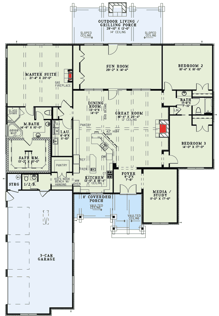 Plan 60603ND: Rustic Brick Ranch Home With Sunroom - Floor Plan - Main Level - Ranch, Rustic