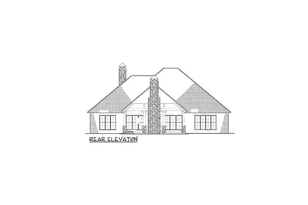 Rear elevation drawing of a single-story house with two stone chimneys, a covered patio, and large windows.