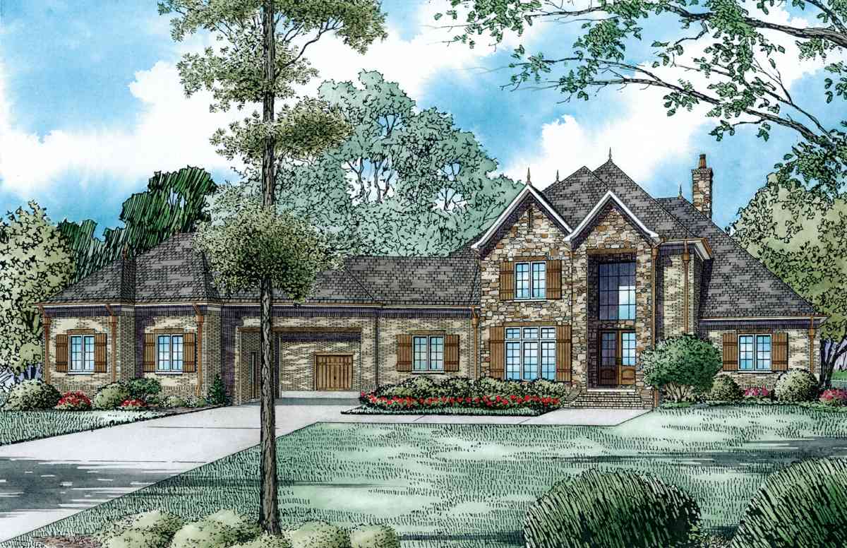 House plan exterior: Two-story stone and brick home with multiple gables, dormers, and a side-entry garage.