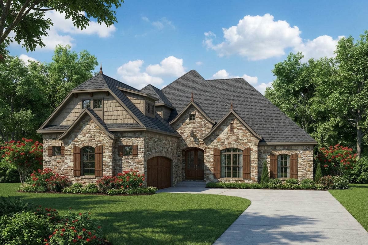 A stone-clad house with a dark gray roof, brown shutters, and arched windows. Lush green grass and vibrant red bushes surround the home.