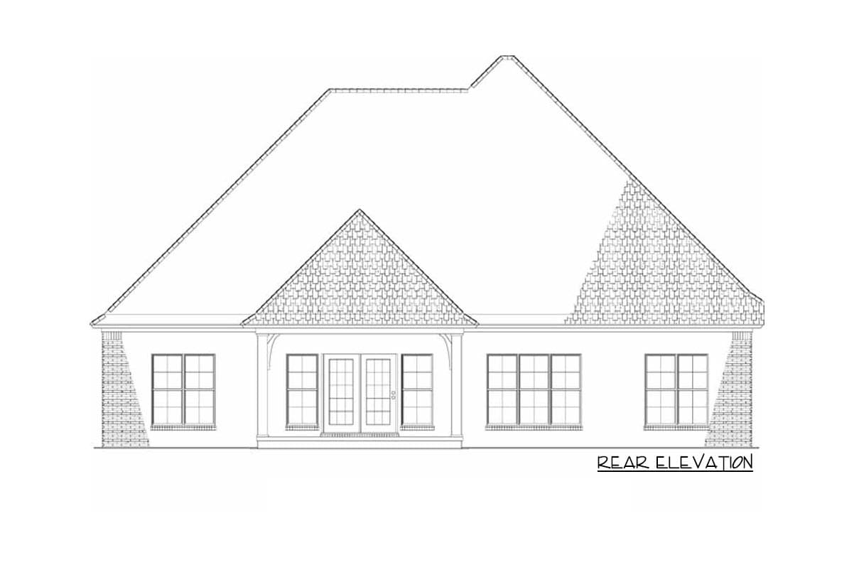 Rear elevation drawing of a single-story house with double doors, multiple windows, brick accents, and a hip roof with a dormer.