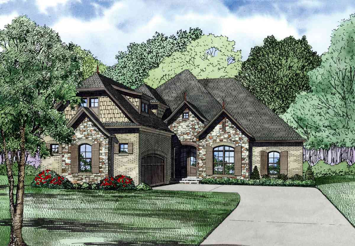 House plan exterior showing a two-story home with stone and brick facade, steeply pitched roof, dormers, arched windows, and a side-entry garage.