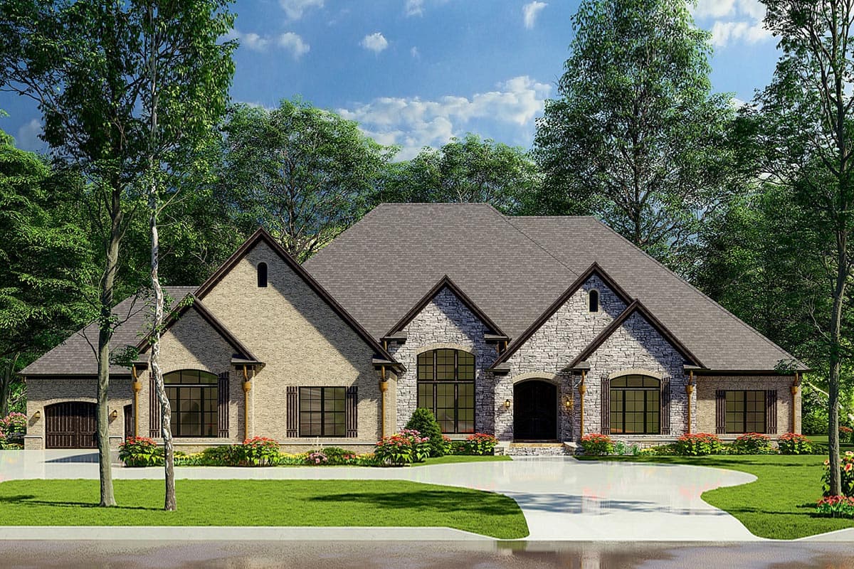 House plan exterior. Two-story home with multiple gabled rooflines, arched windows, and stone facade accents. Attached garage on left side.