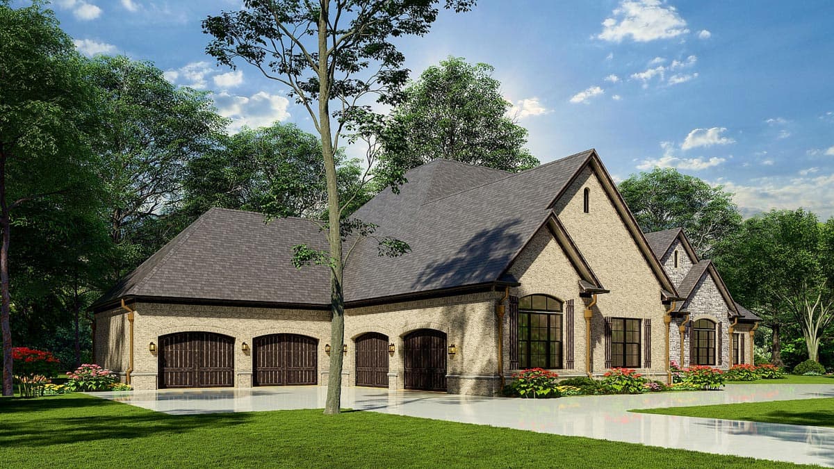 House plan exterior, two-story brick home with five garage bays, arched doorways, and multi-level rooflines.