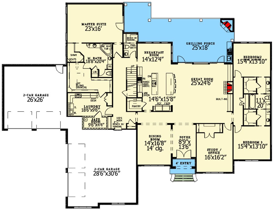 Plan 60606ND: 3-Bed Traditional House Plan with Home Office and Outdoor Kitchen - 4076 Sq Ft - Floor Plan - Main Level - European, Traditional