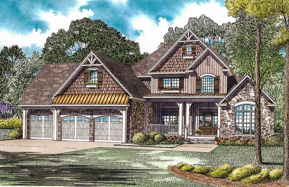 House plan exterior featuring a three-car garage, prominent gables with decorative trim, stone accents, and a covered front porch.