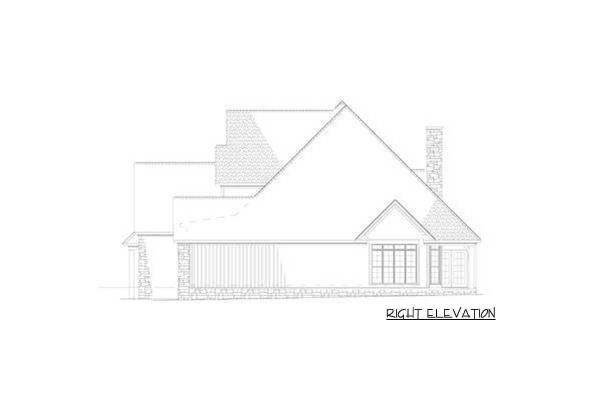 Right elevation house plan drawing shows a multi-level roofline with dormers, a prominent chimney, and large windows.