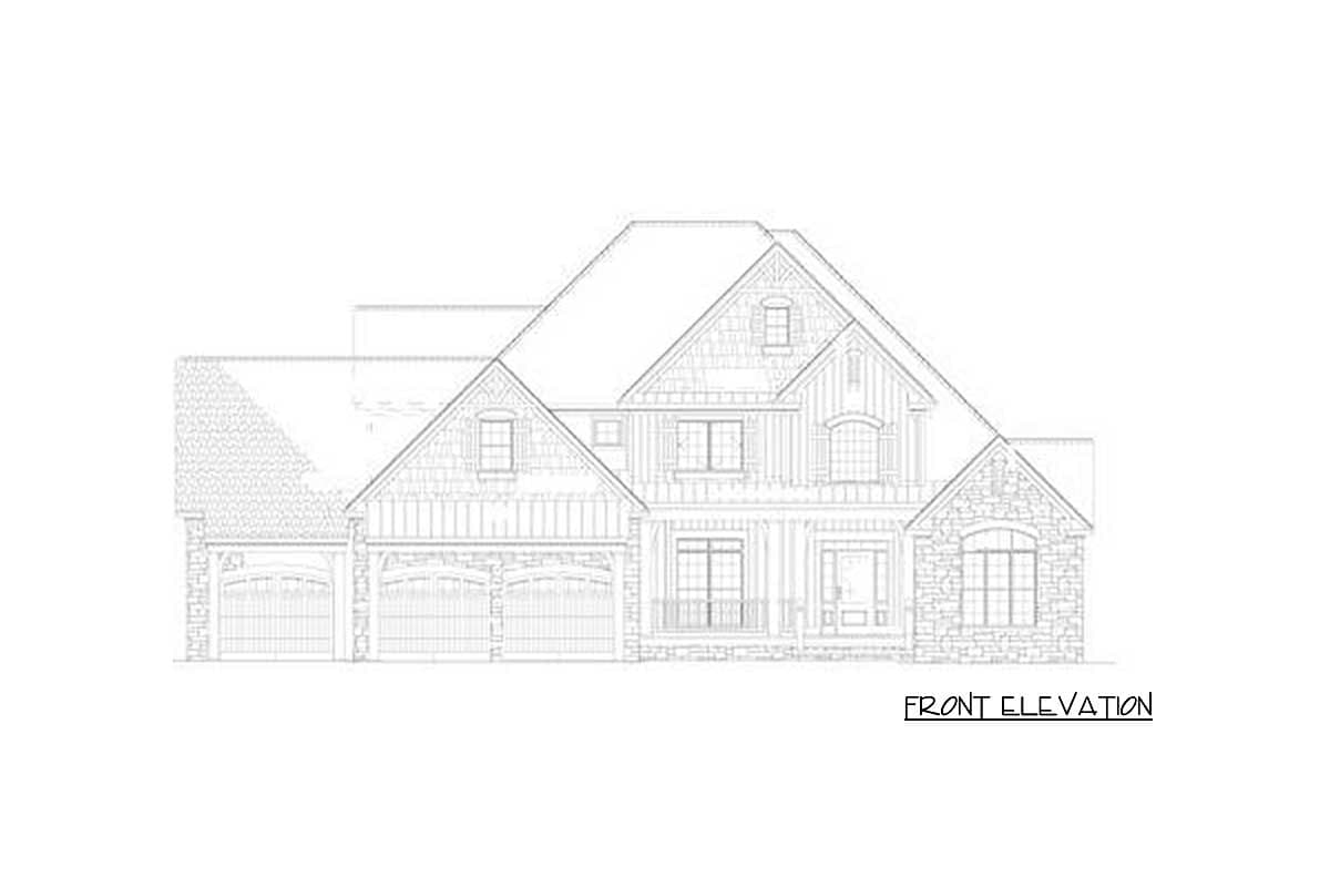 Front elevation drawing of a two-story house plan with a three-car garage, gables, dormers, and stone accents.