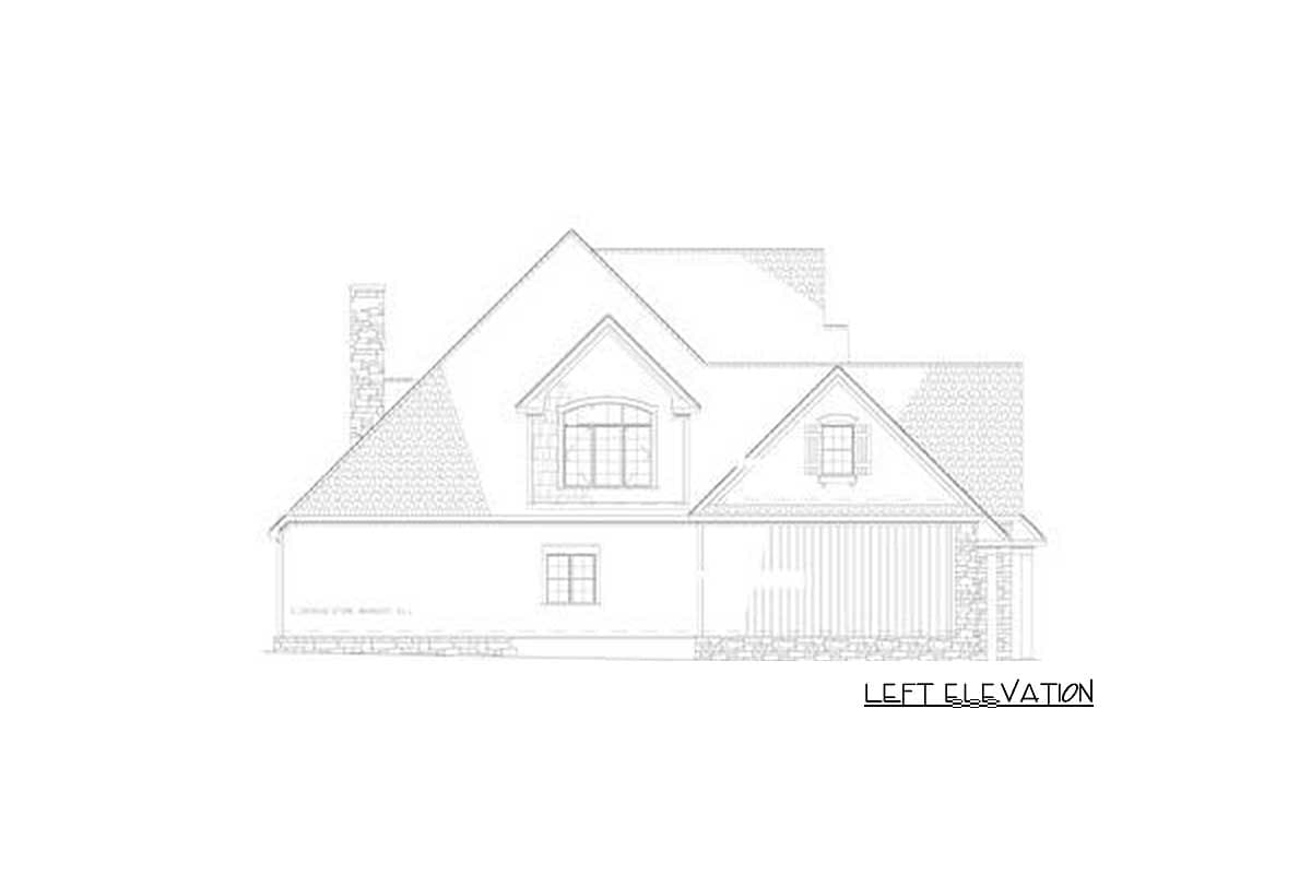 Left elevation drawing of a house plan with a stone chimney, dormer window, and gabled roof.