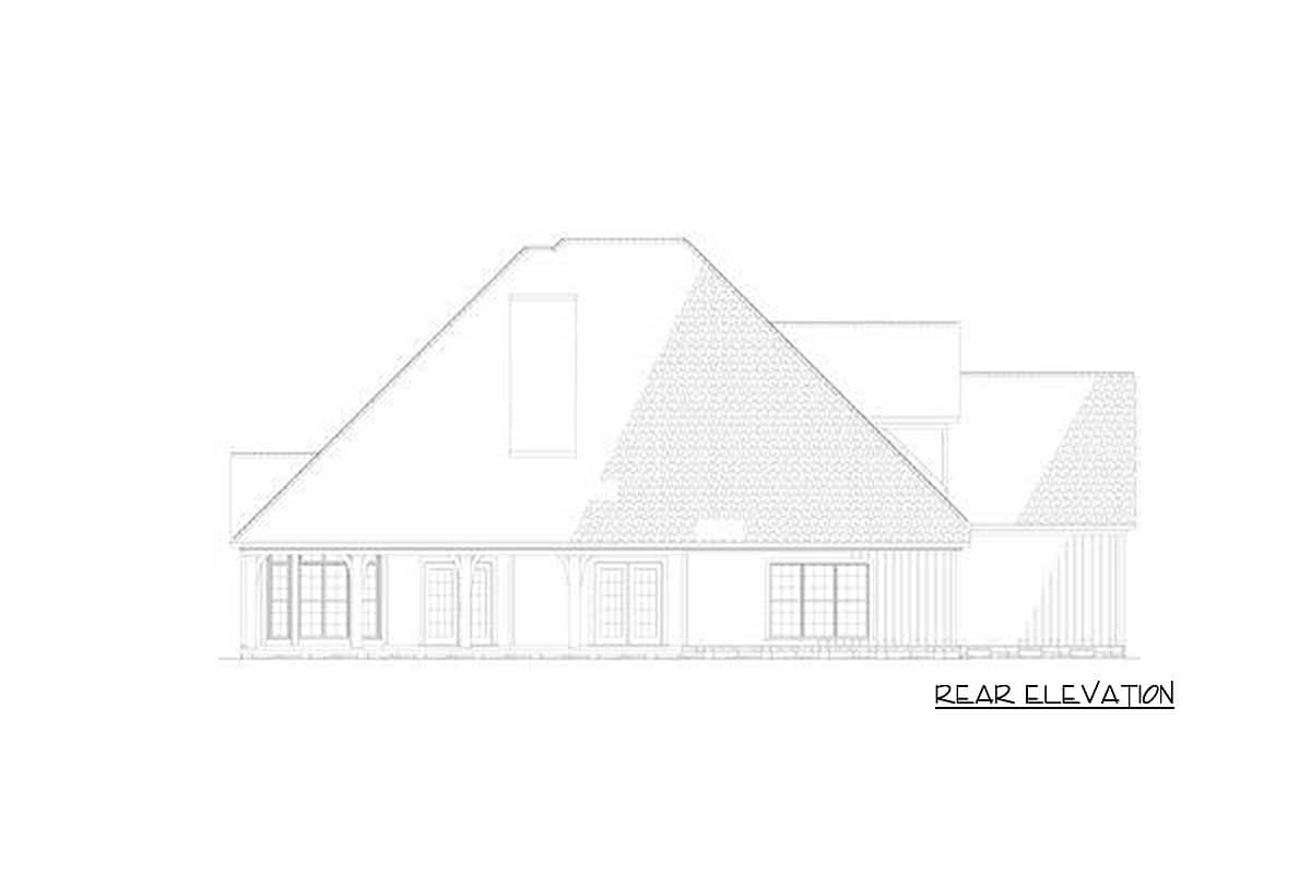 Rear elevation house plan showing a hip roof with dormers, covered porch with columns, and double doors.