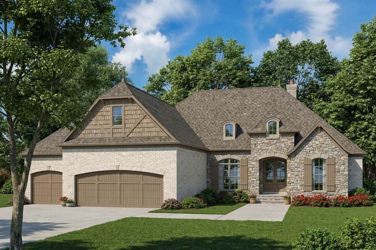 House plan exterior: Two-story home with stone and brick facade, arched entry, dormers, and a three-car side-facing garage.