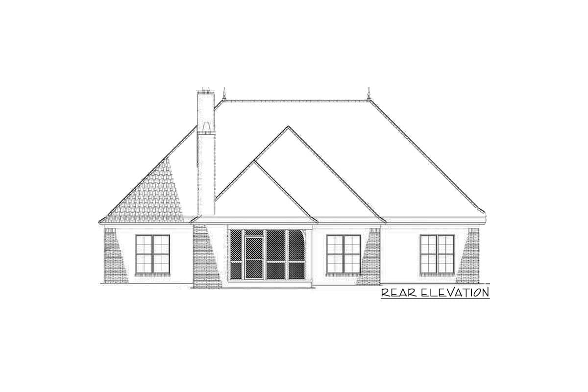 Rear elevation drawing of a house with a hip roof, prominent chimney, and screened porch.