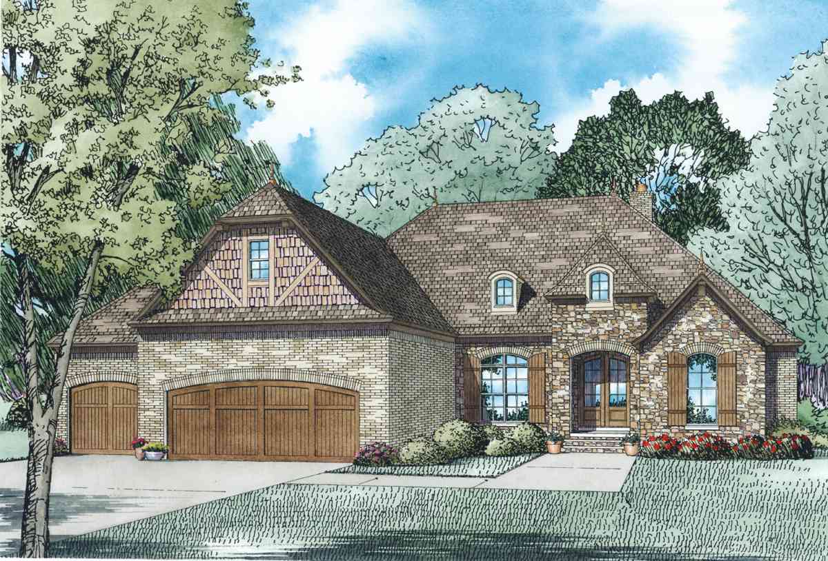 House plan exterior: Two-story residence with stone and brick facade, dormers, gabled dormer with half-timbering, and a three-car side-entry garage.