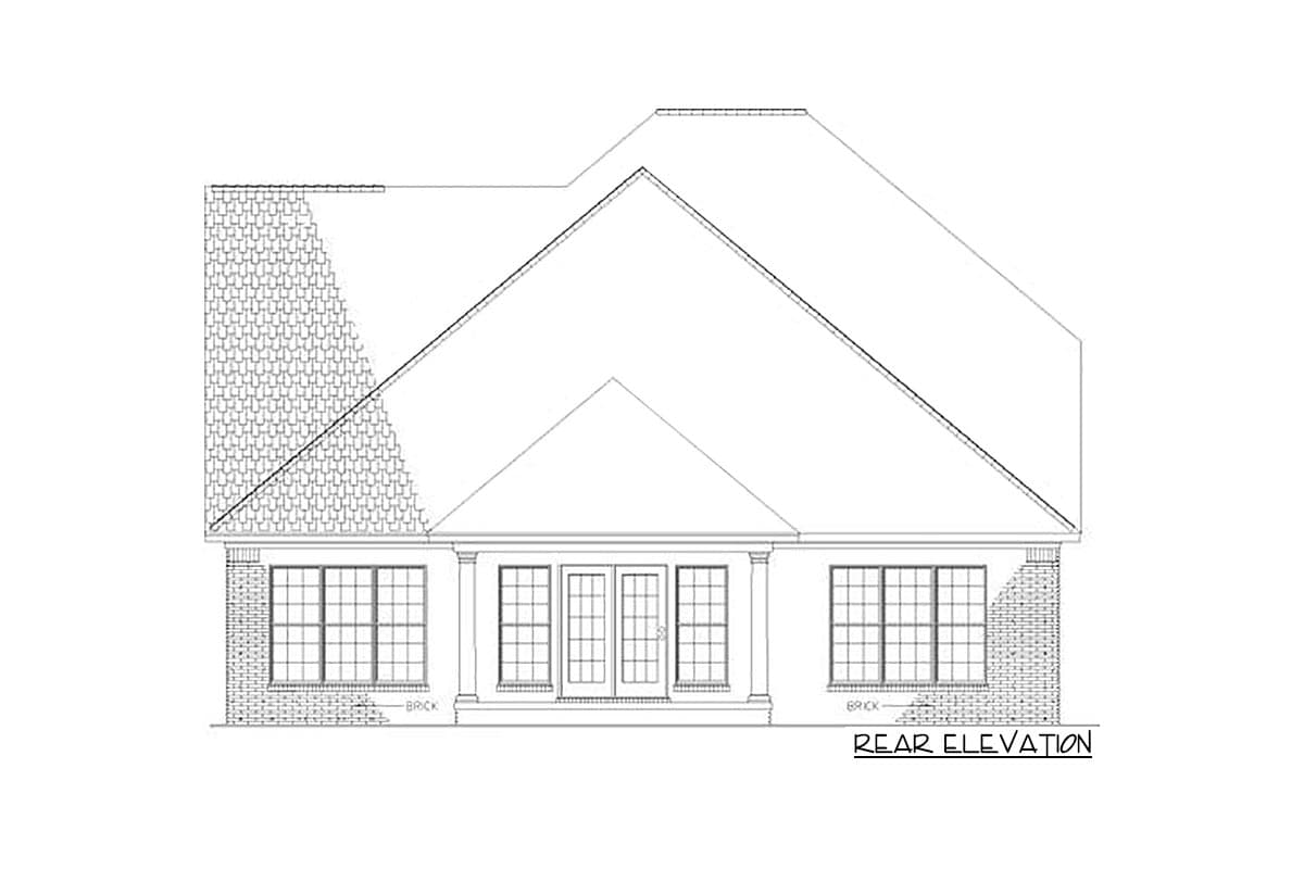 Rear elevation drawing of a house plan featuring a gabled roof, brick accents, multiple windows, and double doors.