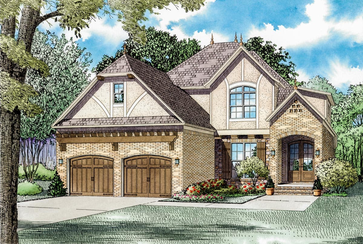 House plan exterior. Tudor style, two stories, with a three-car garage, arched entry, and decorative half-timbering.