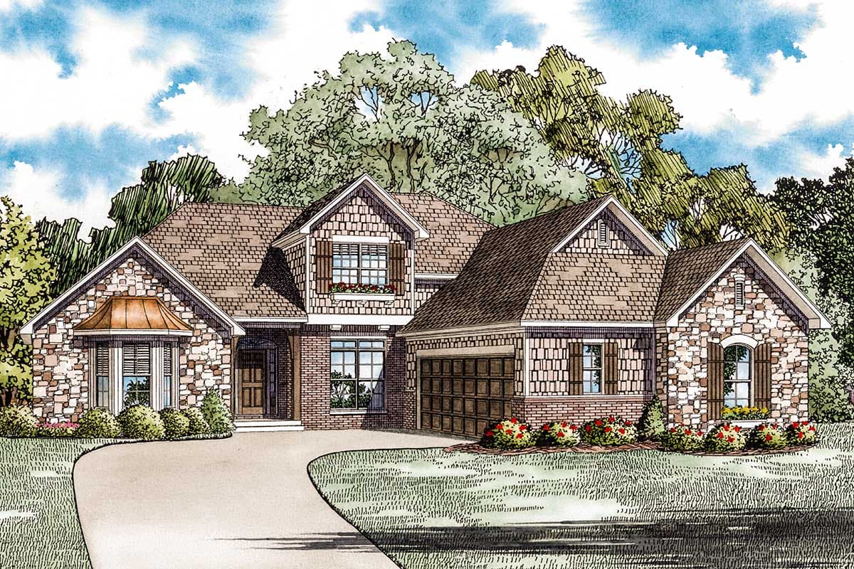 House plan exterior: stone and brick facade, multiple gables, bay window with copper roof, attached two-car garage.