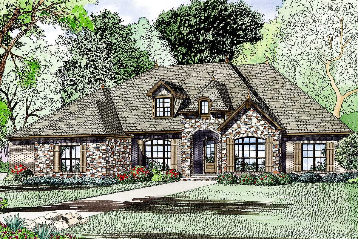 House plan exterior with stone and brick facade, multiple gables, dormers, and arched entryway.