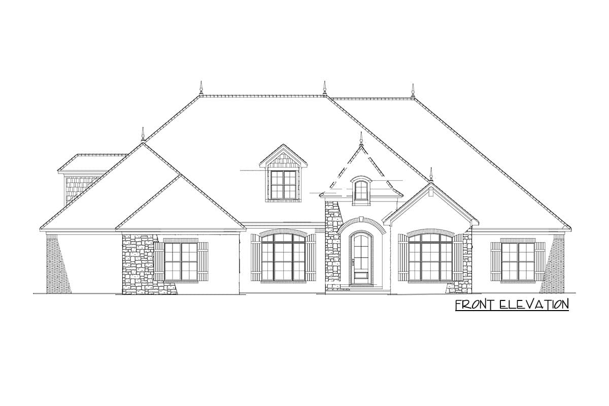 Front elevation drawing of a house plan with stone accents, arched windows, and a dormer.